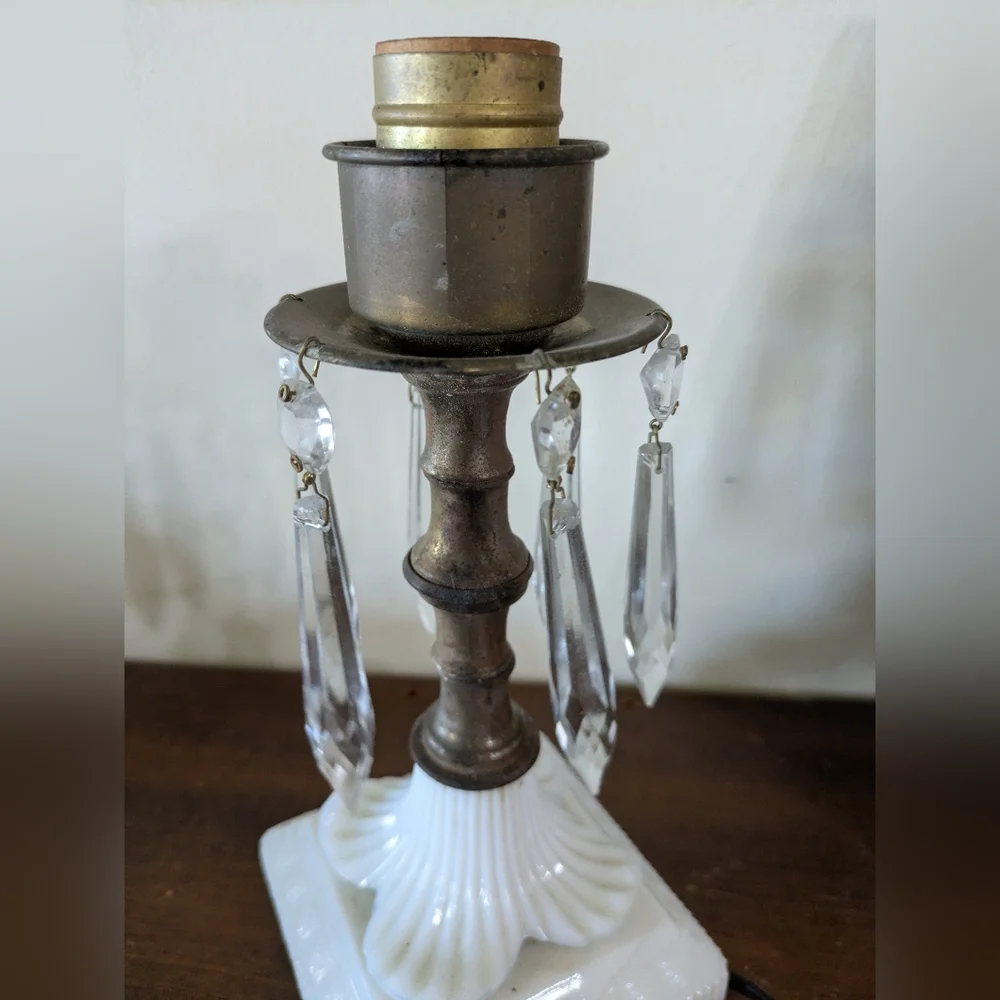 Vintage Hollywood Regency Milk Glass & Brass Prism Lamp - Antique Style ROF
